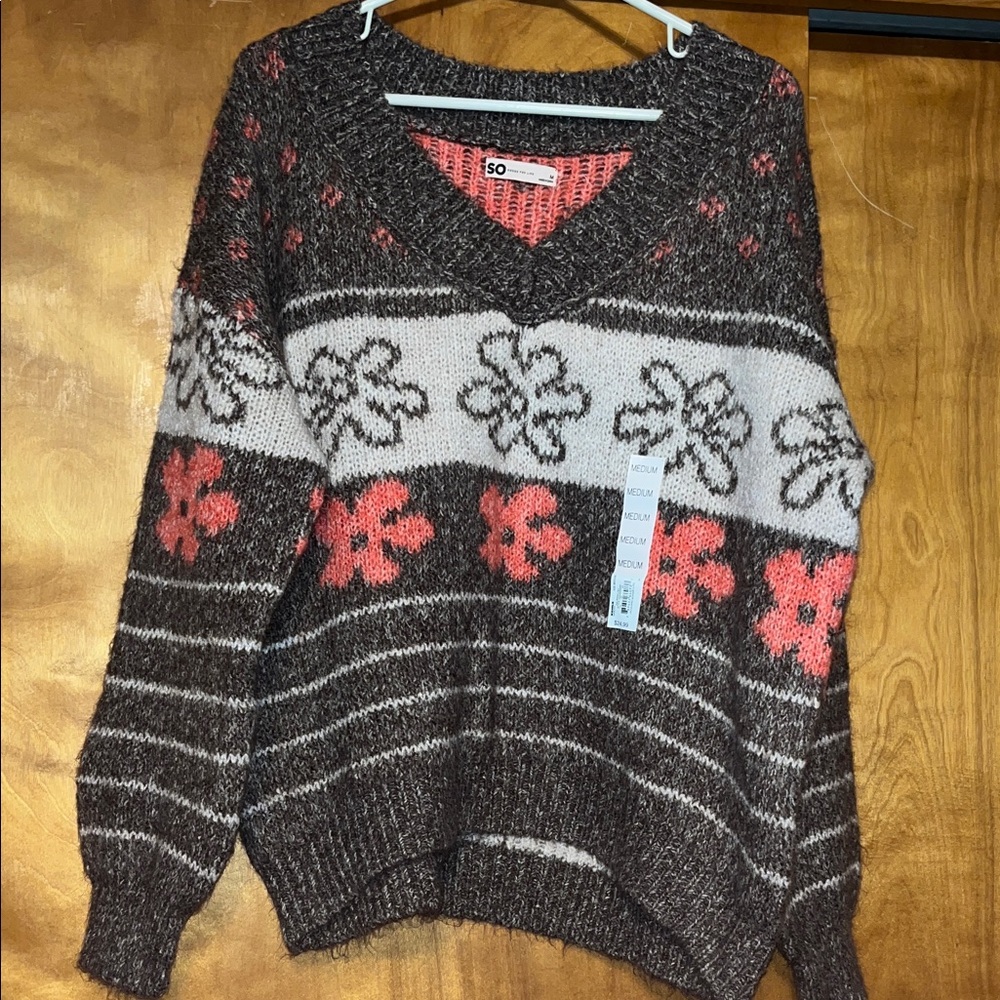 SO Women's Floral Knit Sweater - Brown and Pink p